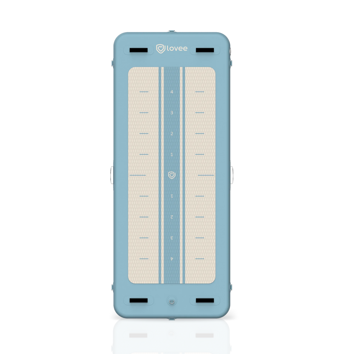 Aquaboard Lovee azul vista do produto com superfície EVA antiderrapante e marcas desportivas. ::visuel:bleuclair