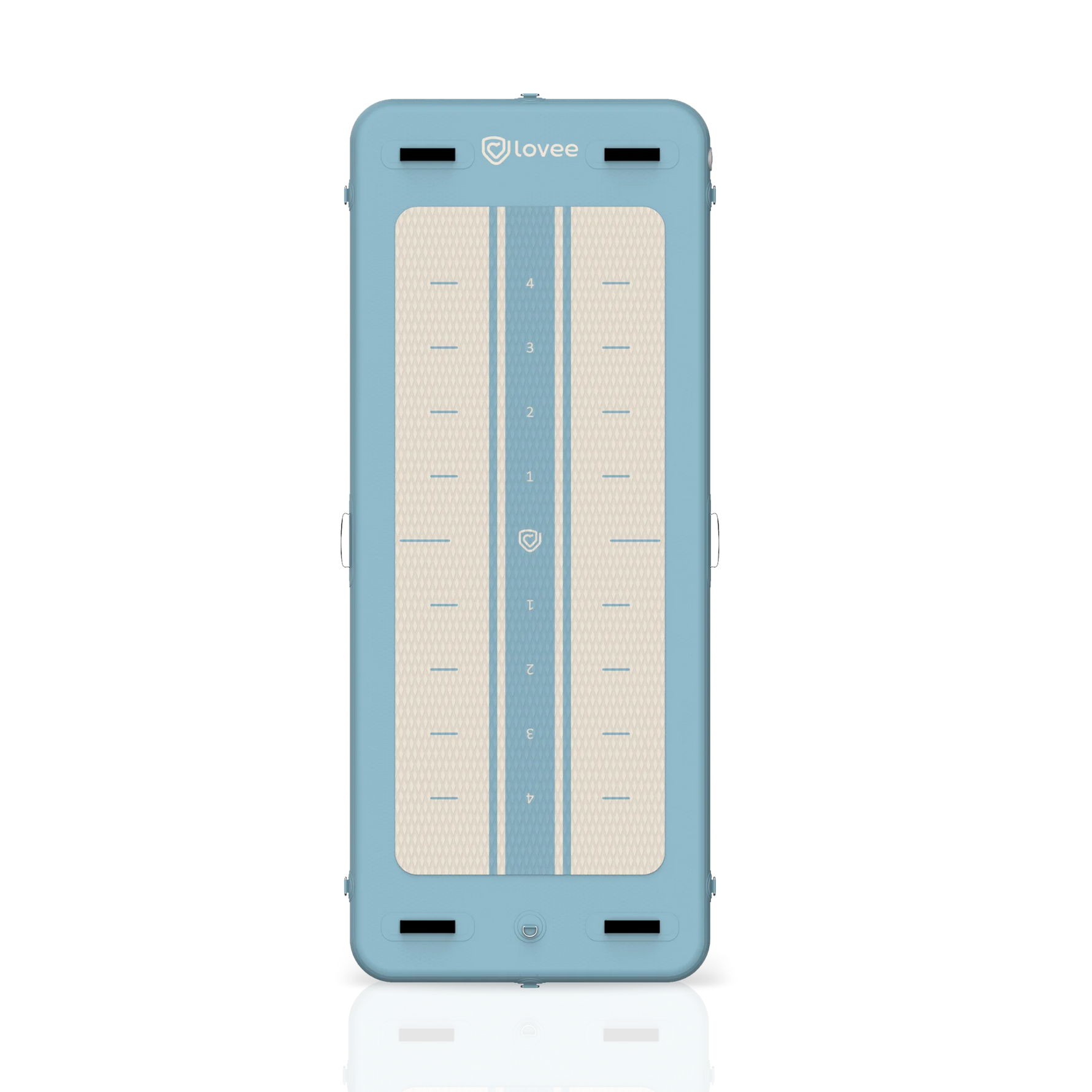 Aquaboard Lovee azul vista do produto com superfície EVA antiderrapante e marcas desportivas. ::visuel:bleuclair