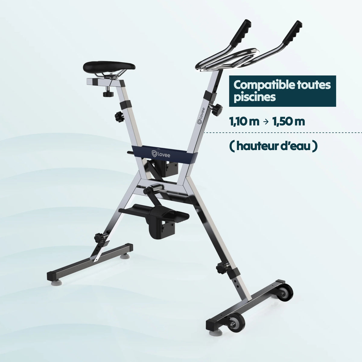 Aquabike Lovee avec indication hauteur d’eau idéale pour utilisation optimale