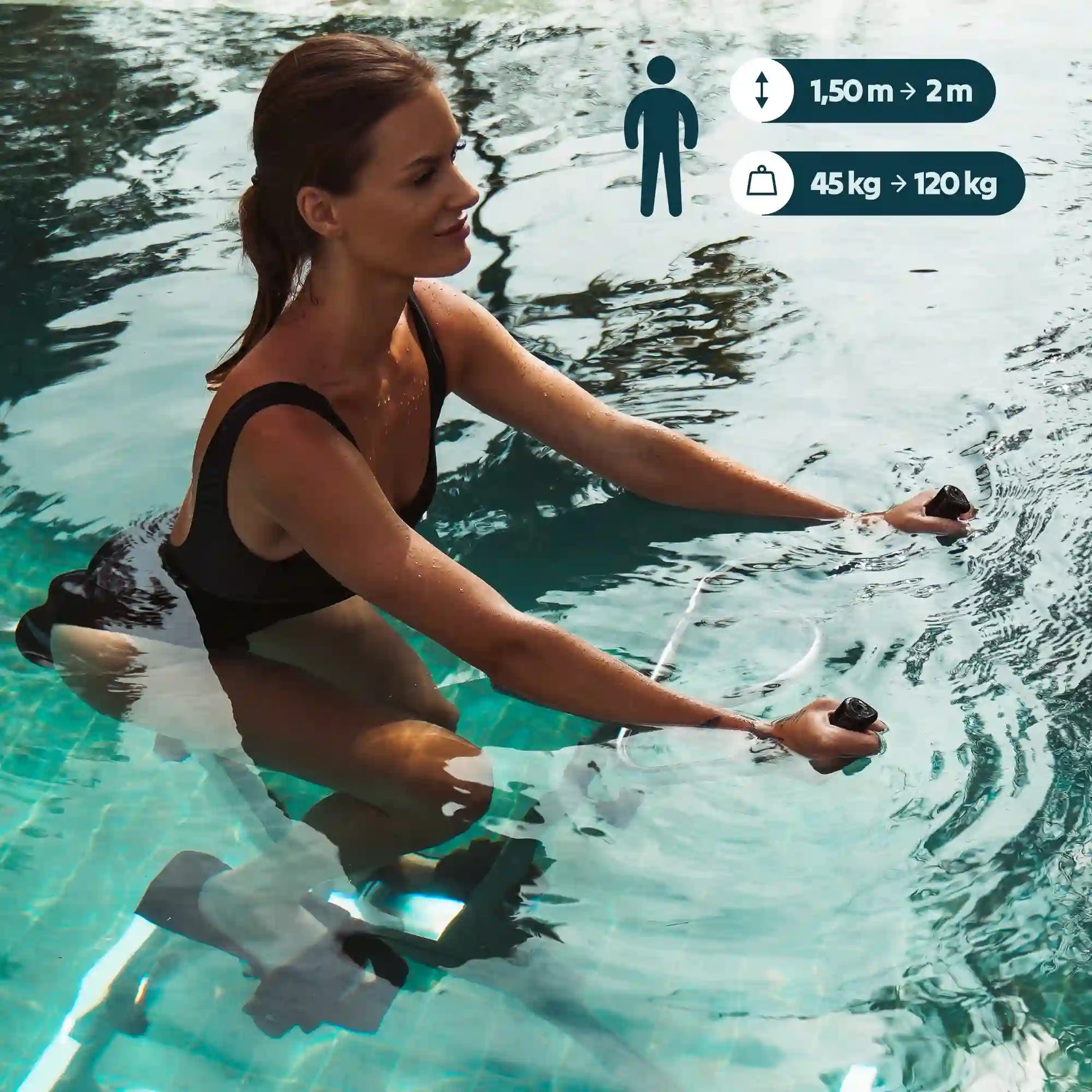 Femme utilisant aquabike Lovee en piscine avec indication poids et taille recommandés